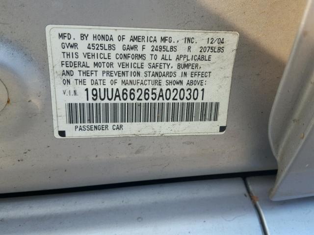 19UUA66265A020301 - 2005 ACURA TL SILVER photo 10