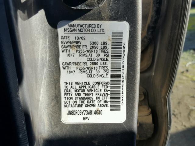 JN8DR09Y73W814040 - 2003 NISSAN PATHFINDER CHARCOAL photo 10