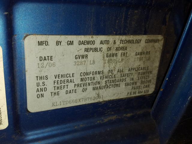 KL1TD666X7B762001 - 2007 CHEVROLET AVEO BASE Көк фото 10