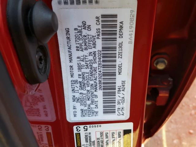 1NXBR32E47Z834022 - 2007 TOYOTA COROLLA LE 红色 照片 10