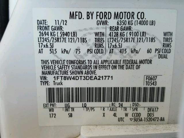 1FT8W4DT3DEA21771 - 2013 FORD F450 SUPER WHITE photo 10