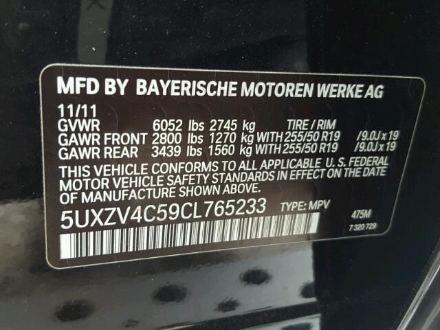 5UXZV4C59CL765233 - 2012 BMW X5 XDRIVE3 BLACK photo 10