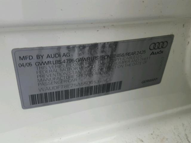 WAUDF78E25A550453 - 2005 AUDI A4 2.0T QU WHITE photo 10