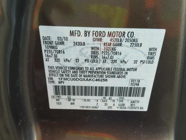 1FMCU0DGXAKC46256 - 2010 FORD ESCAPE XLT GRAY photo 10