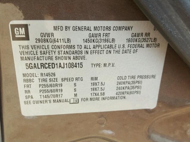 5GALRCED1AJ108415 - 2010 BUICK ENCLAVE CX GOLD photo 10