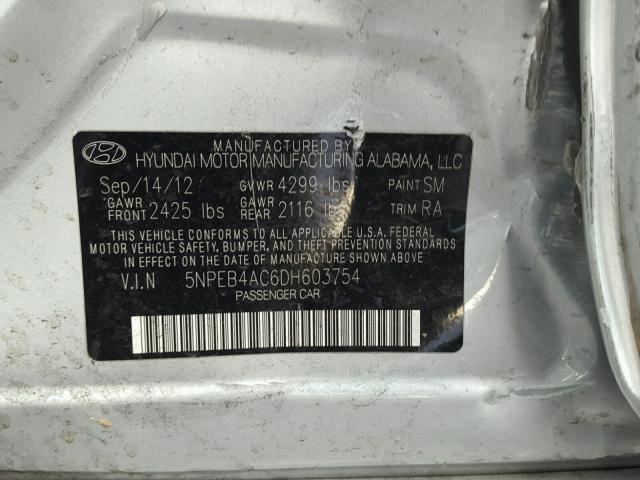 5NPEB4AC6DH603754 - 2013 HYUNDAI SONATA GLS GRAY photo 10