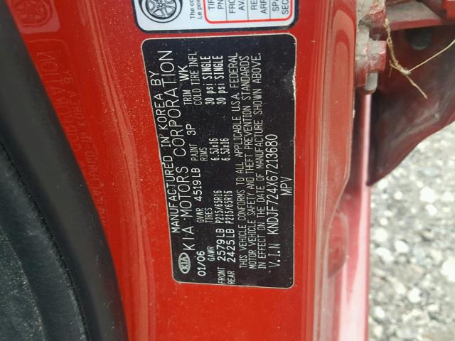 KNDJF724X67213680 - 2006 KIA NEW SPORTA RED photo 10