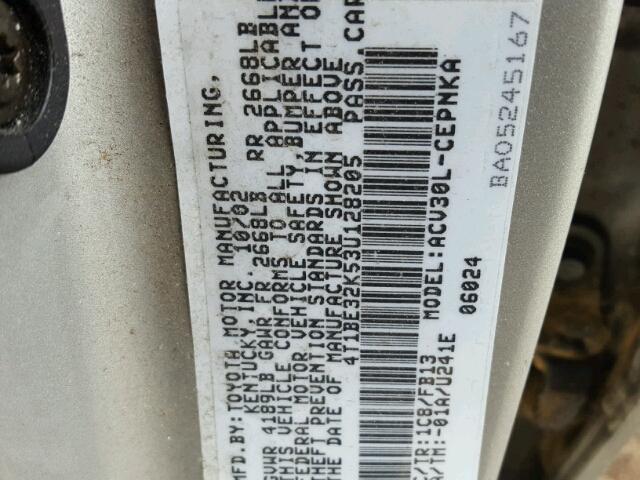 4T1BE32K53U128205 - 2003 TOYOTA CAMRY LE ვერცხლისფერი ფოტო 10