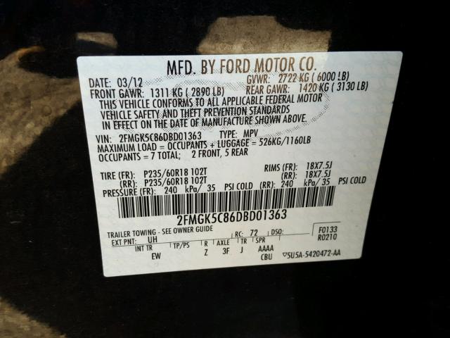 2FMGK5C86DBD01363 - 2013 FORD FLEX SEL BLACK photo 10