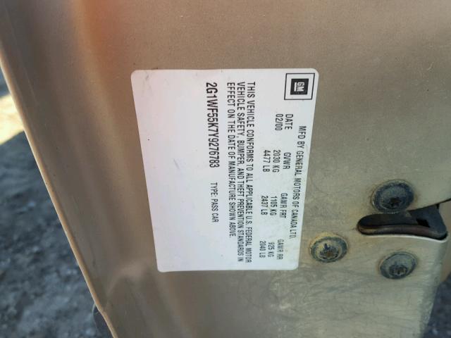 2G1WF55K7Y9276783 - 2000 CHEVROLET IMPALA TAN photo 10