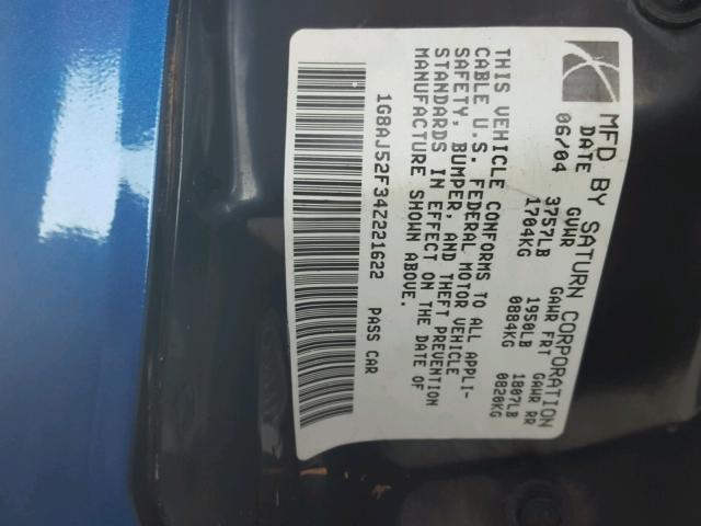 1G8AJ52F34Z221622 - 2004 SATURN ION LEVEL BLUE photo 10