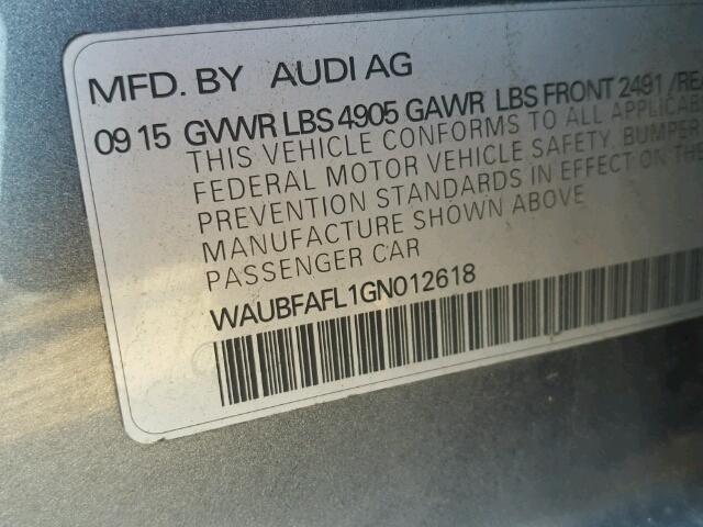 WAUBFAFL1GN012618 - 2016 AUDI A4 PREMIUM GRAY photo 10