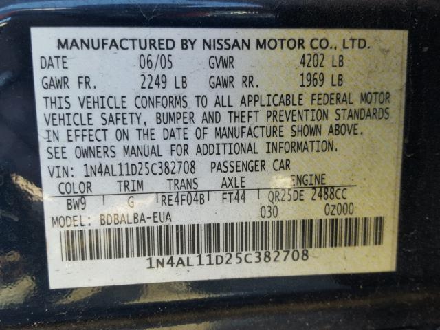 1N4AL11D25C382708 - 2005 NISSAN ALTIMA S BLUE photo 10