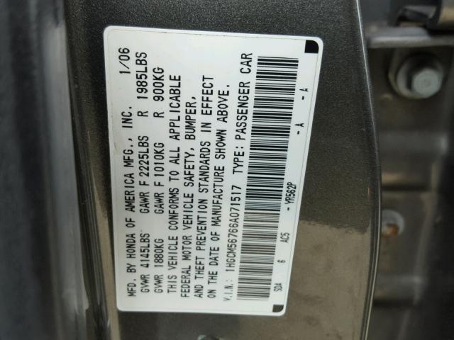 1HGCM56766A071517 - 2006 HONDA ACCORD EX GRAY photo 10