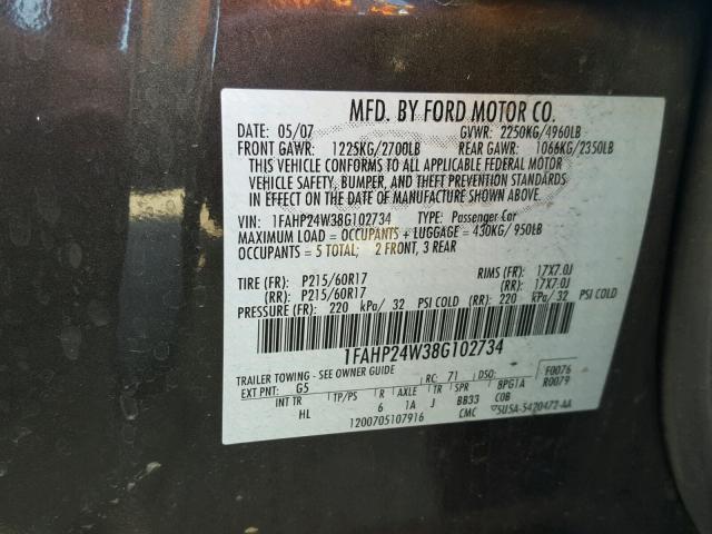 1FAHP24W38G102734 - 2008 FORD TAURUS SEL BLACK photo 10