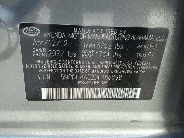 5NPDH4AE2DH166699 - 2013 HYUNDAI ELANTRA GL SILVER photo 10