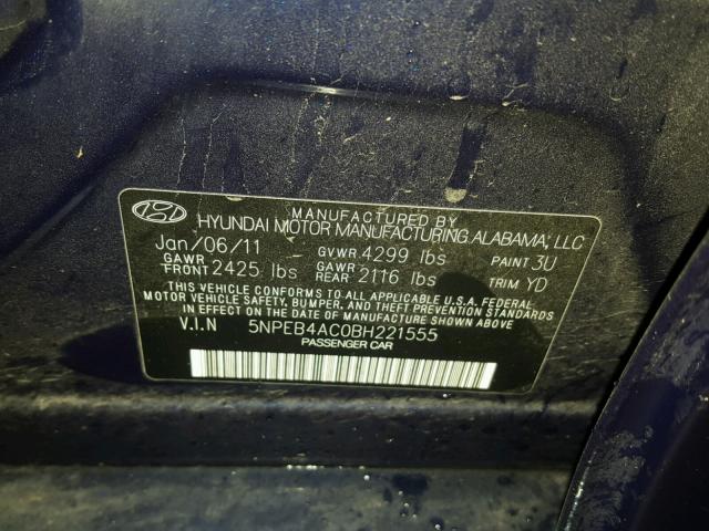 5NPEB4AC0BH221555 - 2011 HYUNDAI SONATA GLS BLUE photo 10