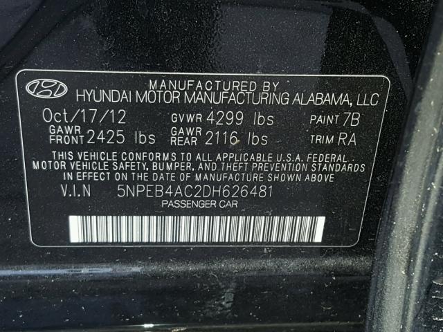 5NPEB4AC2DH626481 - 2013 HYUNDAI SONATA GLS BLACK photo 10