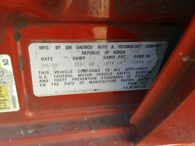 KL1TD56E39B376444 - 2009 CHEVROLET AVEO LS RED photo 10