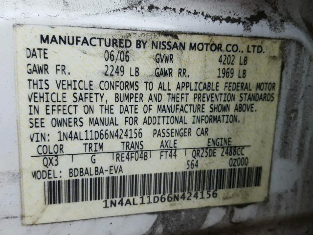 1N4AL11D66N424156 - 2006 NISSAN ALTIMA S WHITE photo 10