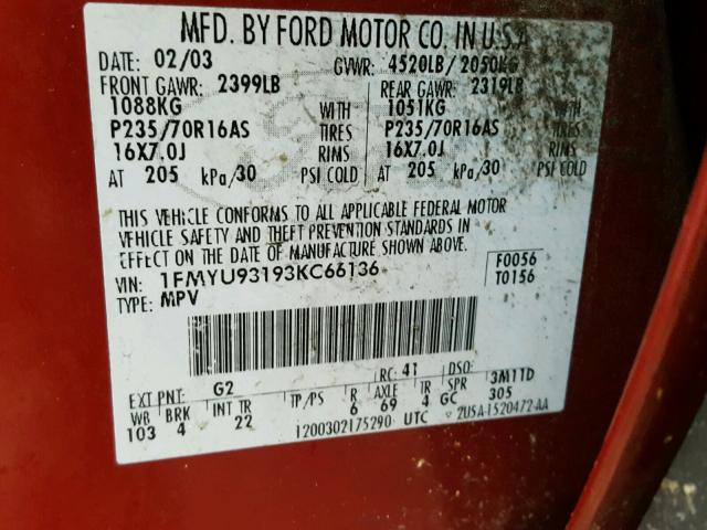 1FMYU93193KC66136 - 2003 FORD ESCAPE XLT RED photo 10