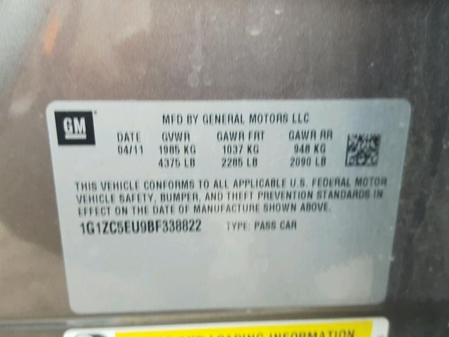 1G1ZC5EU9BF338822 - 2011 CHEVROLET MALIBU 1LT 棕色 照片 10