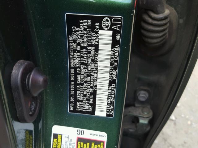 2T1BPRHE4EC033377 - 2014 TOYOTA COROLLA EC 绿色 照片 10