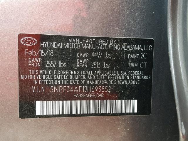 5NPE34AF1JH693852 - 2018 HYUNDAI SONATA SPO GRAY photo 10