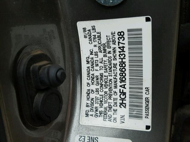 2HGFA16868H314738 - 2008 HONDA CIVIC EX GRAY photo 10