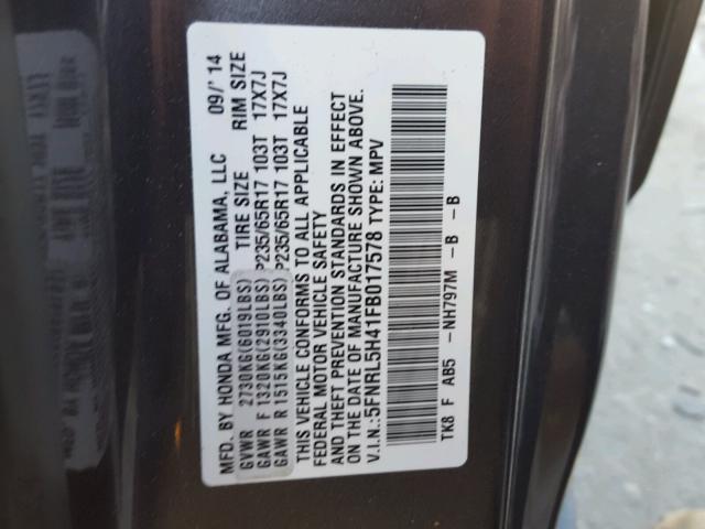 5FNRL5H41FB017578 - 2015 HONDA ODYSSEY EX GRAY photo 10