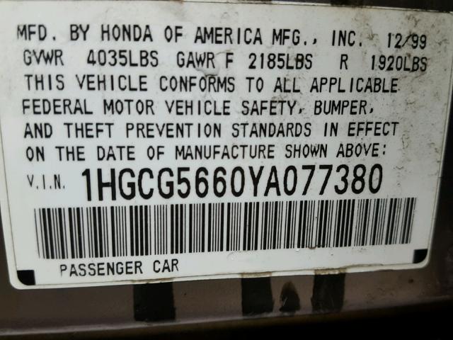 1HGCG5660YA077380 - 2000 HONDA ACCORD EX GRAY photo 10