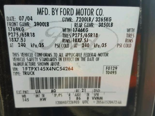 1FTPX145X4NC54264 - 2004 FORD F150 BLACK photo 10