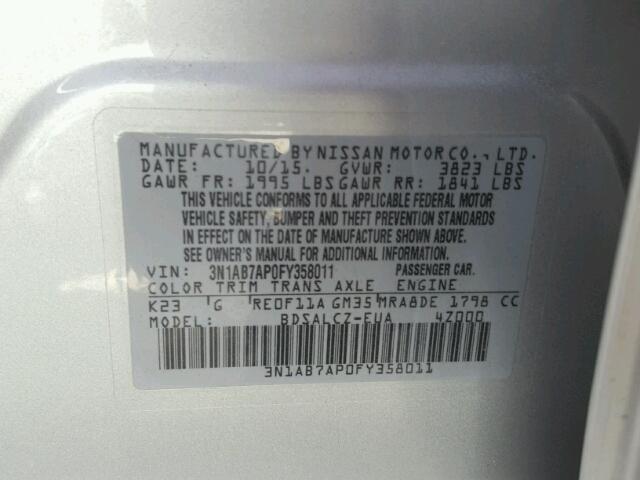 3N1AB7AP0FY358011 - 2015 NISSAN SENTRA S SILVER photo 10