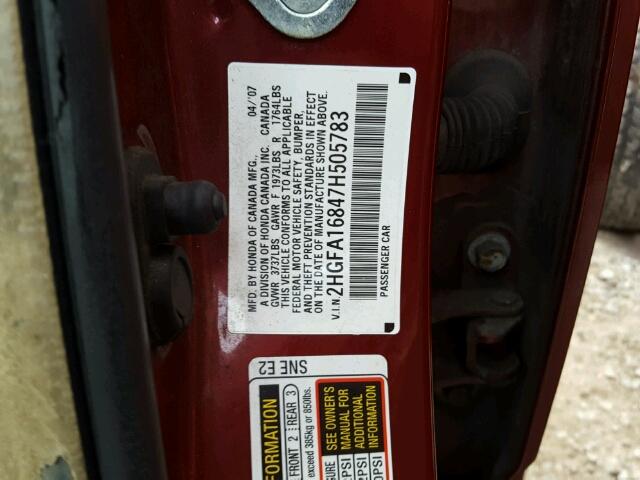 2HGFA16847H505783 - 2007 HONDA CIVIC EX MAROON photo 10