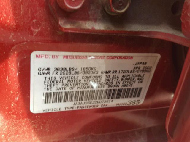 JA3AJ36E22U073614 - 2002 MITSUBISHI LANCER LS RED photo 10