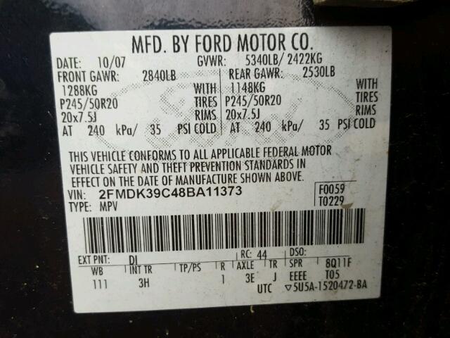 2FMDK39C48BA11373 - 2008 FORD EDGE LIMIT BLUE photo 10