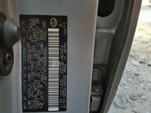 JTHBD192740082580 - 2004 LEXUS IS 300 SILVER photo 10