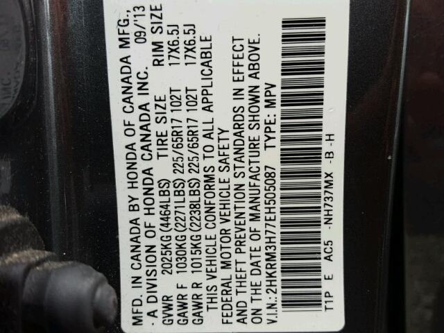 2HKRM3H77EH505087 - 2014 HONDA CR-V EXL SILVER photo 10