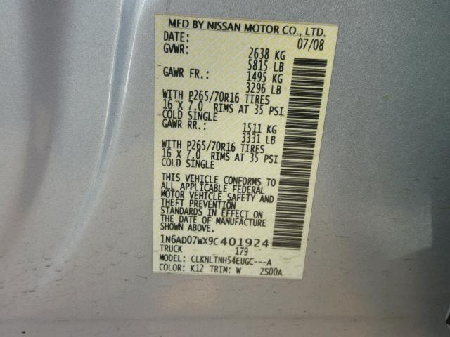 1N6AD07WX9C401924 - 2009 NISSAN FRONTIER C SILVER photo 10