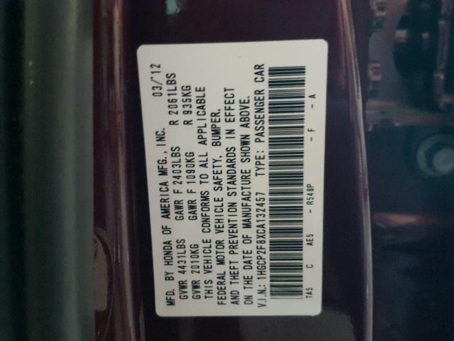 1HGCP2F8XCA132457 - 2012 HONDA ACCORD EXL Tünd qırmızı foto 10