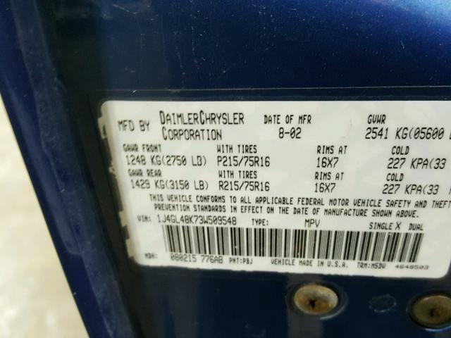 1J4GL48K73W509548 - 2003 JEEP LIBERTY SP BLUE photo 10