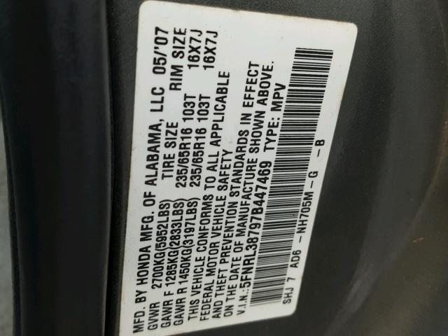 5FNRL38797B447469 - 2007 HONDA ODYSSEY EX GRAY photo 10