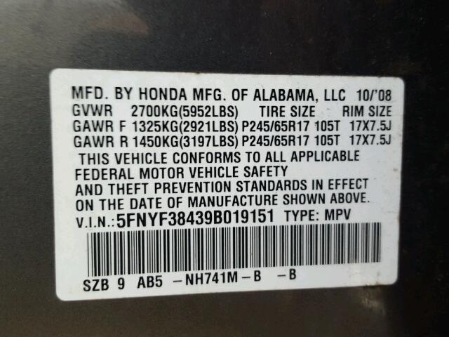 5FNYF38439B019151 - 2009 HONDA PILOT EX GRAY photo 10