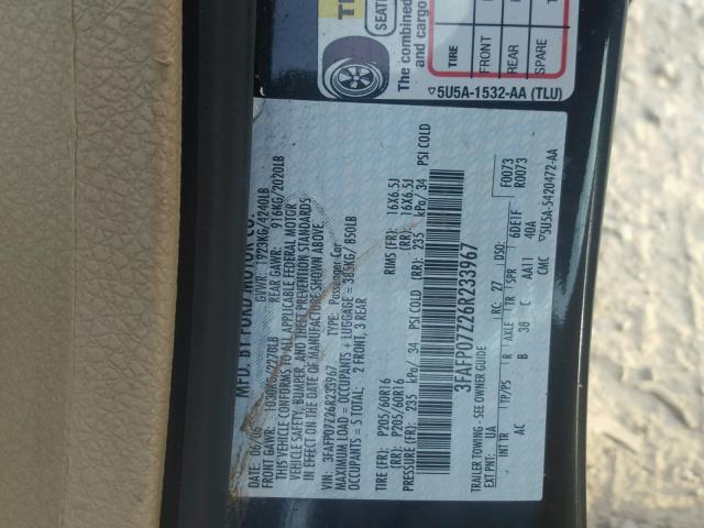 3FAFP07Z26R233967 - 2006 FORD FUSION SE BLACK photo 10