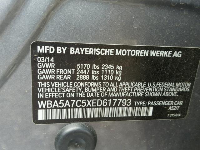 WBA5A7C5XED617793 - 2014 BMW 528 XI GRAY photo 10