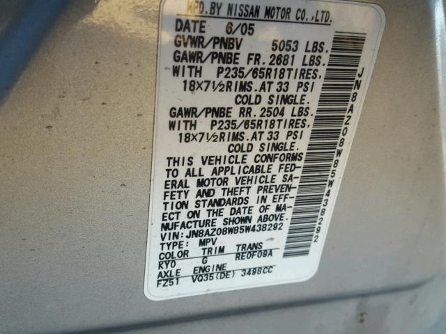 JN8AZ08W85W438292 - 2005 NISSAN MURANO SL SILVER photo 10