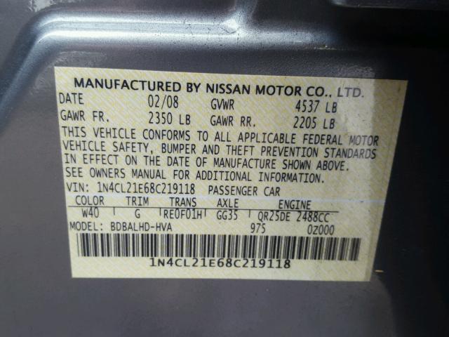 1N4CL21E68C219118 - 2008 NISSAN ALTIMA HYB GRAY photo 10