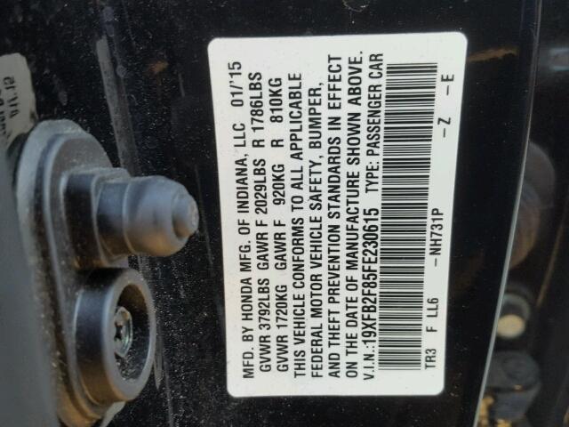 19XFB2F85FE230615 - 2015 HONDA CIVIC EX შავი ფოტო 10