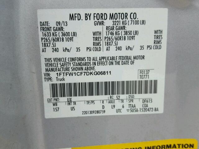 1FTFW1CF7DKG06811 - 2013 FORD F150 SUPER SILVER photo 10