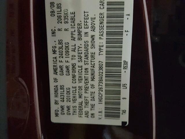 1HGCP26739A023807 - 2009 HONDA ACCORD EX MAROON photo 10